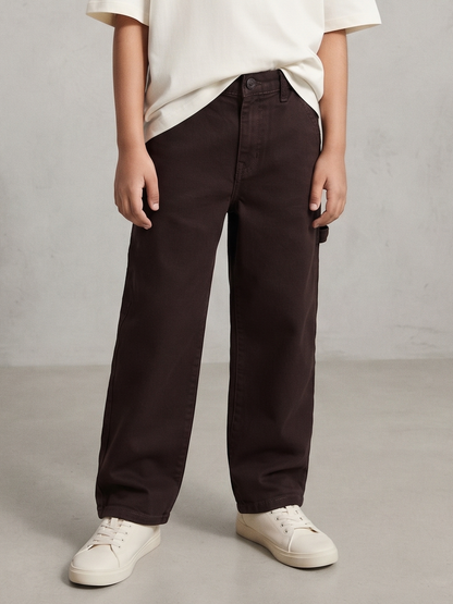 Boys Cotton Twill Brown Carpenter Fit Solid Trouser
