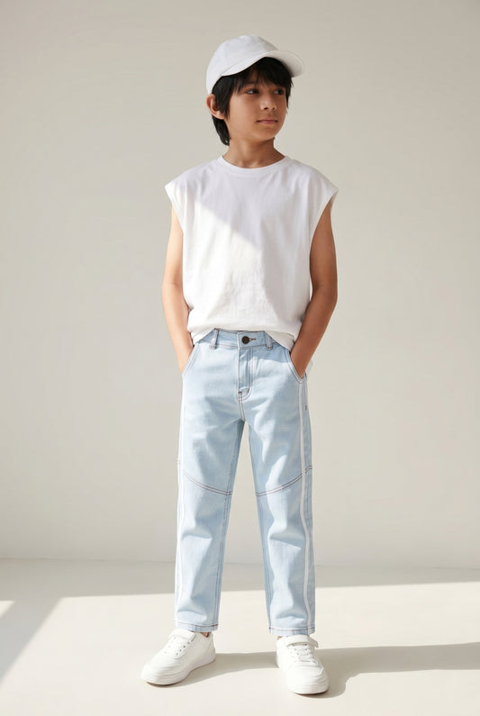 Boys Light Blue Straight Fit Denim Stretchable Jeans