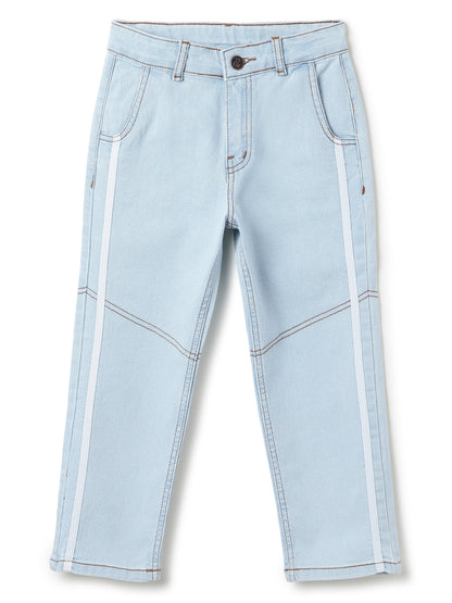 Boys Cotton Printed  White Shirt With Light Blue Denim Washed Straight Fit Jeans