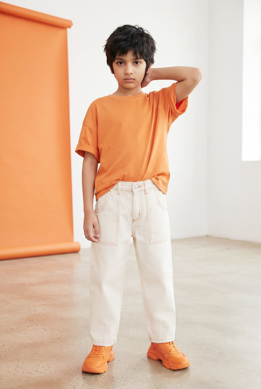 Boys White Baggy Fit Cotton Denim Jeans