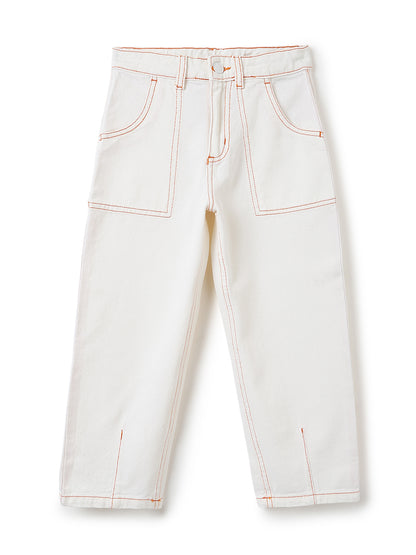 Boys Cotton Brown Printed Shirt With White Denim Solid Baggy Fit Jeans
