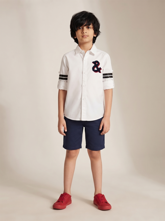 Boys White Cotton Woven Embroidered Shirt