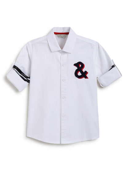 Boys White Cotton Woven Embroidered Shirt