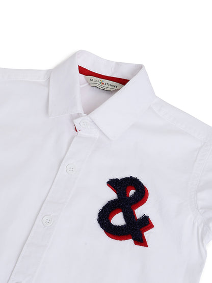 Boys White Cotton Woven Embroidered Shirt