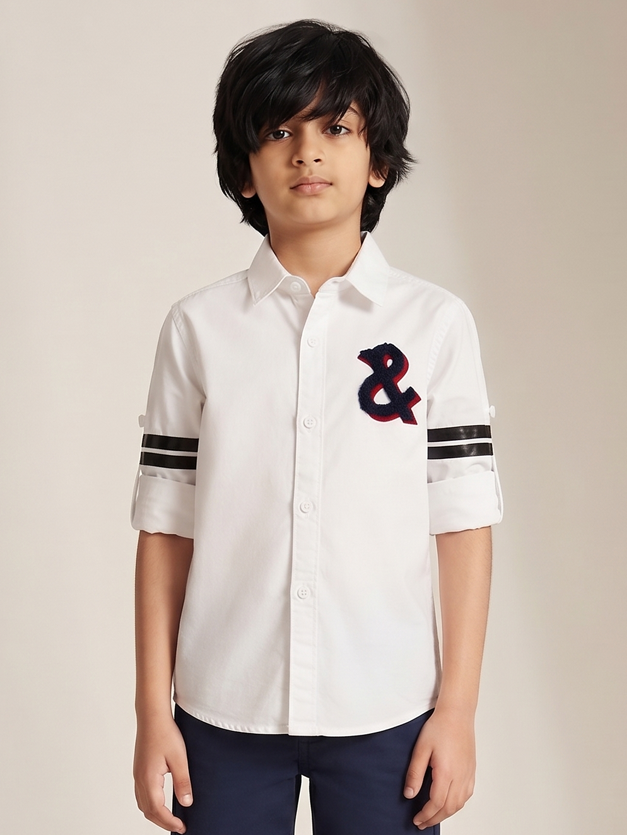 Boys White Cotton Woven Embroidered Shirt