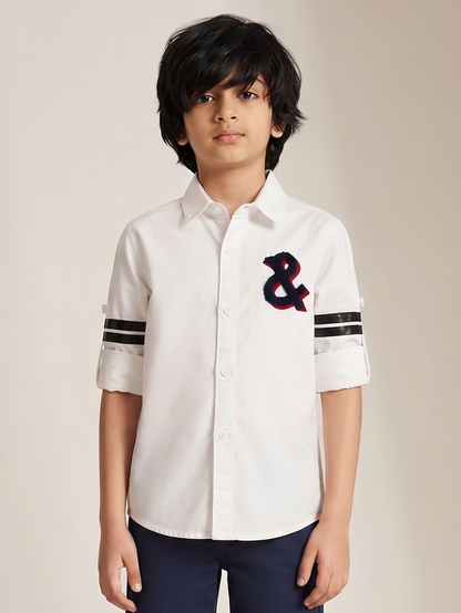 Boys White Cotton Woven Embroidered Shirt
