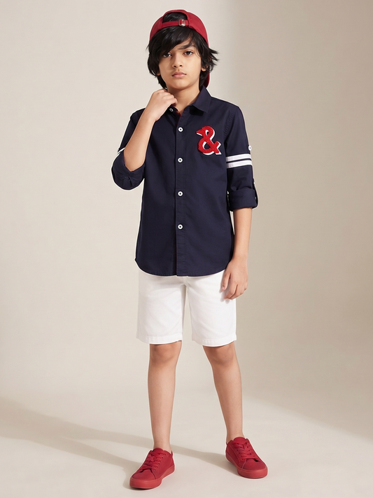 Boys Navy Blue Cotton Woven Embroidered Shirt