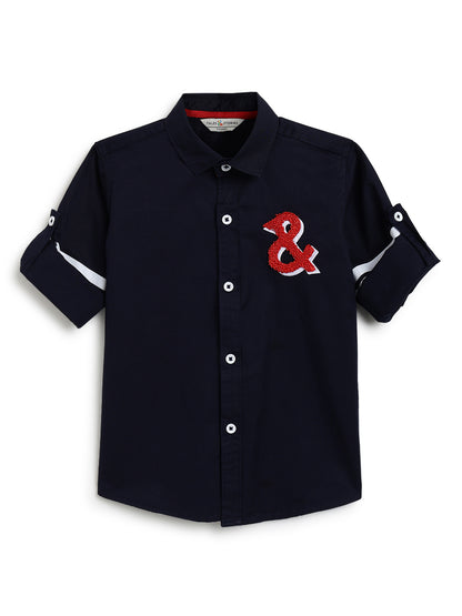 Boys Navy Blue Cotton Woven Embroidered Shirt