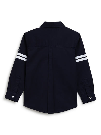 Boys Navy Blue Cotton Woven Embroidered Shirt