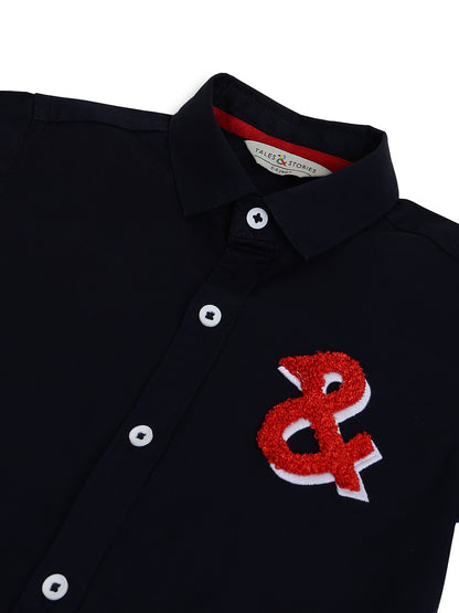 Boys Navy Blue Cotton Woven Embroidered Shirt