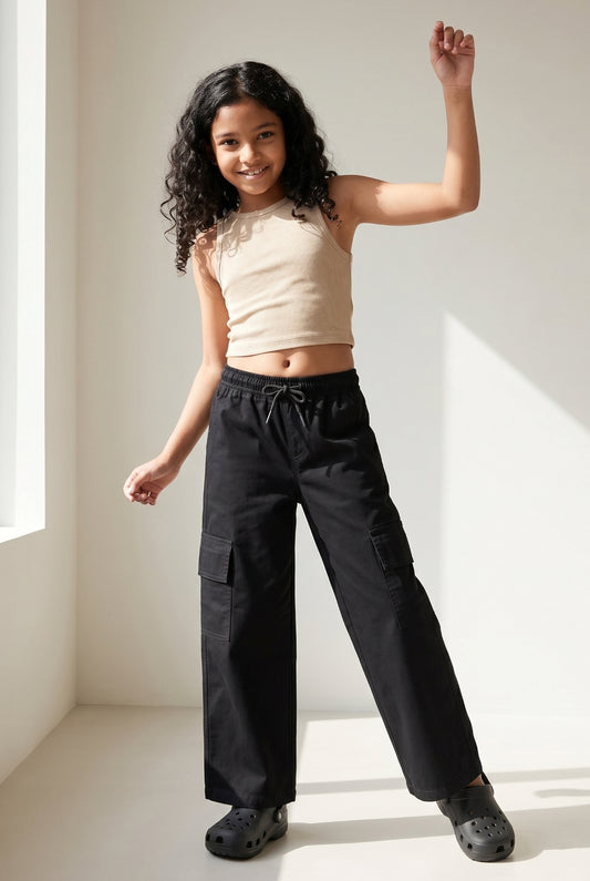 Girls Cotton Black Wide Leg Trousers