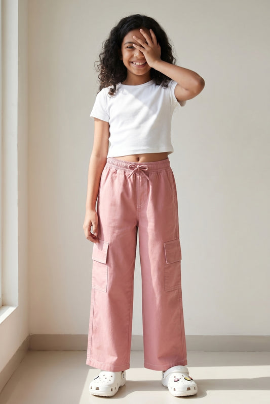 Girls Cotton Pink Wide Leg Trousers