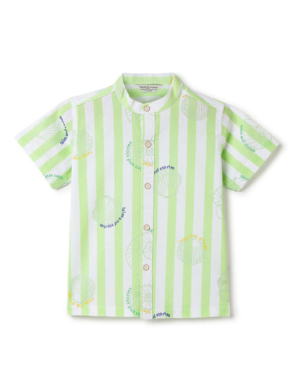Boys Green Striped Printed Cotton Shirt