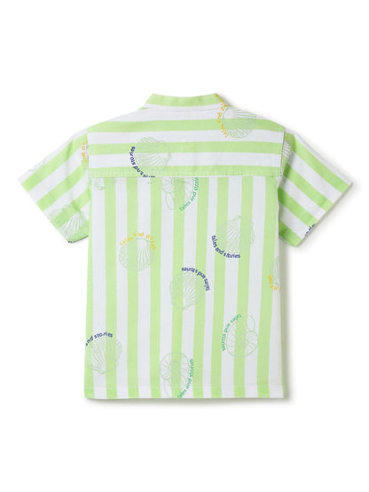 Boys Green Striped Printed Cotton Shirt