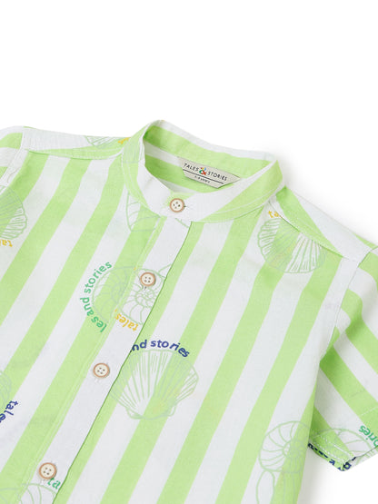 Boys Green Striped Printed Cotton Shirt