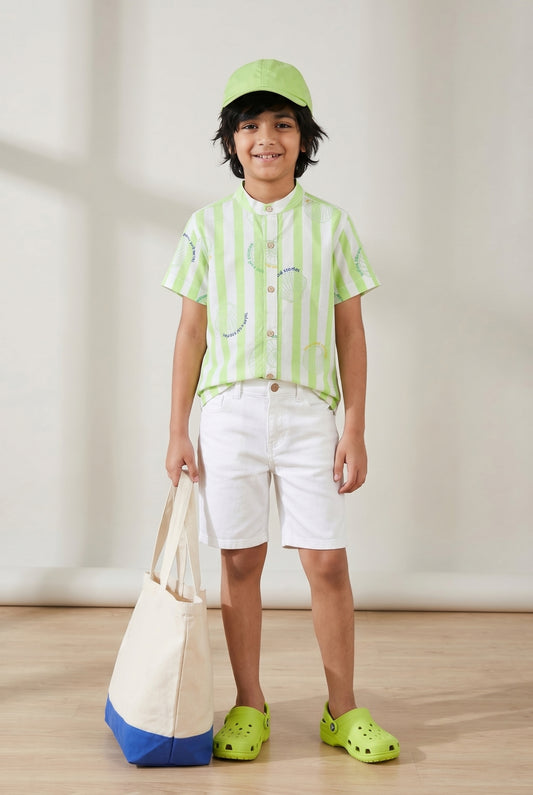 Boys Green Striped Printed Cotton Shirt