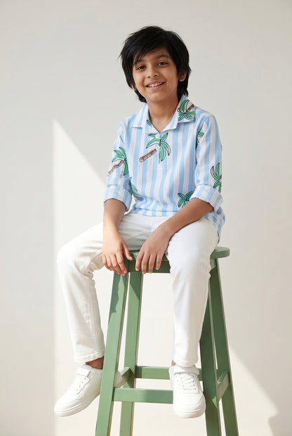 Boys  Blue Printed Shirt With White Trouser Clothing set