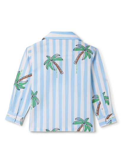 Boys Sky Blue Striped Printed Cotton Shirt
