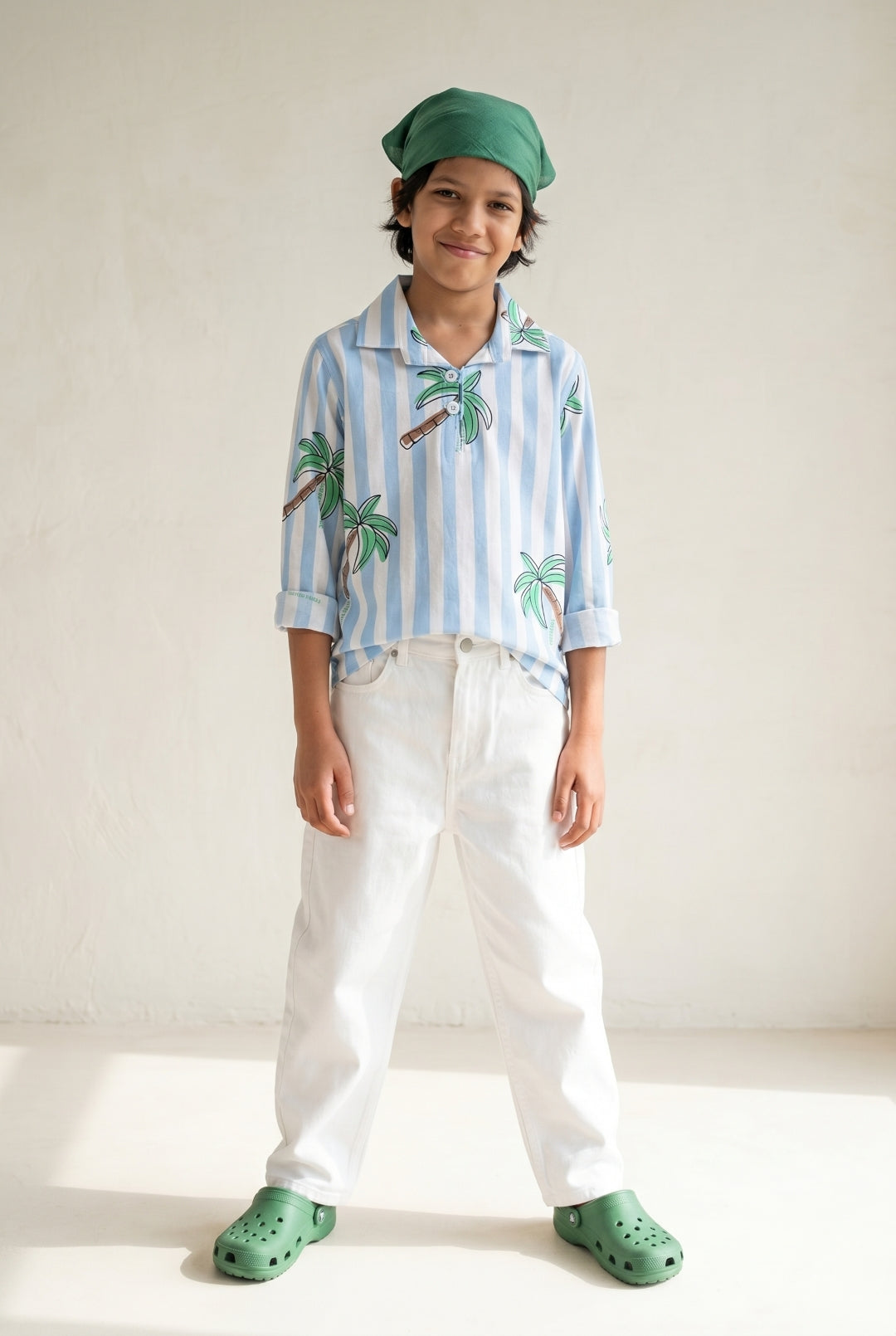 Boys Sky Blue Striped Printed Cotton Shirt