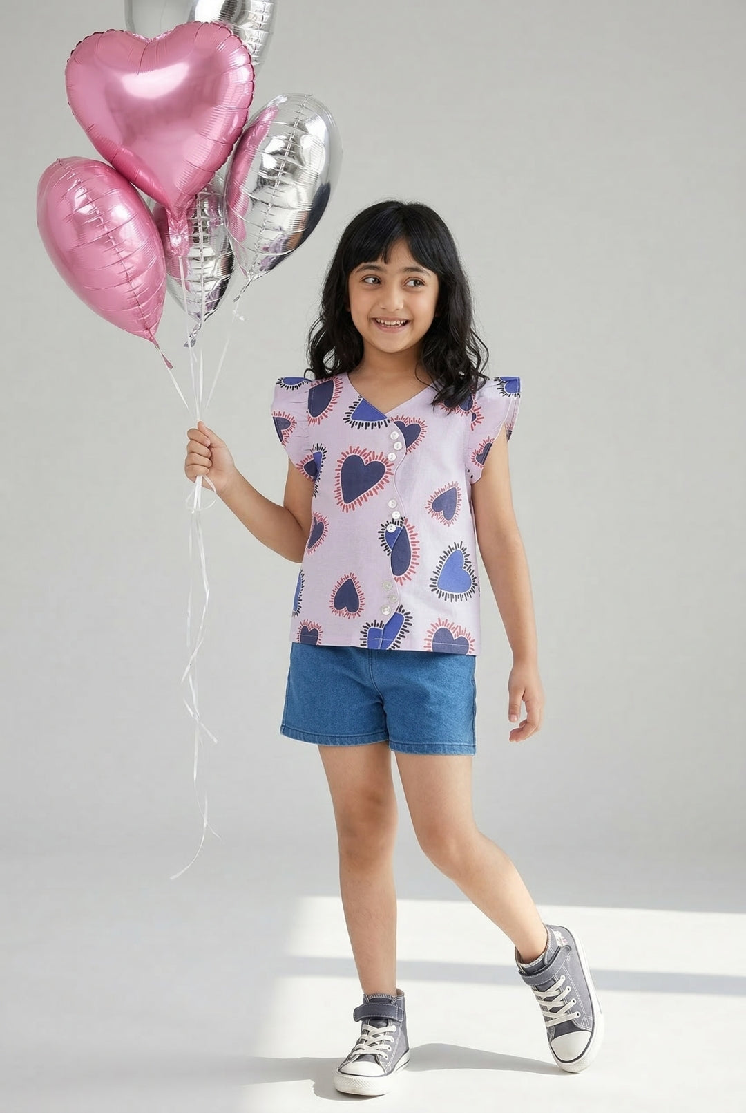 Girls Pink Printed Cotton V Neck Top