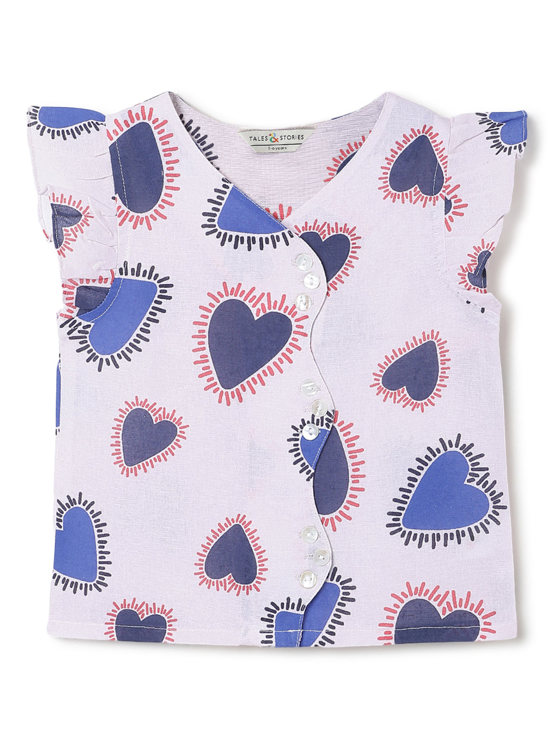 Girls Pink Printed Cotton V Neck Top