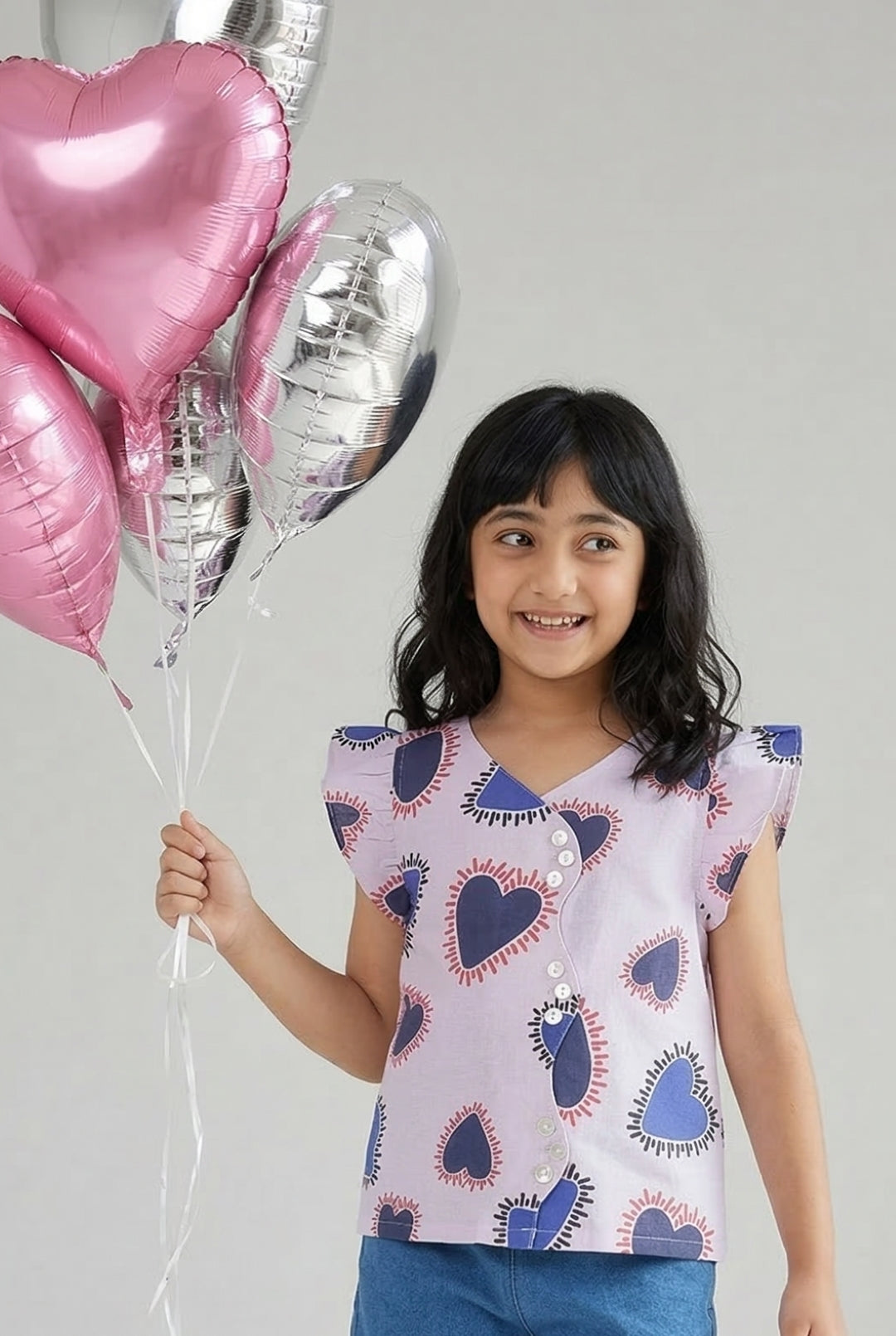 Girls Pink Printed Cotton V Neck Top
