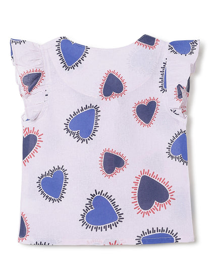 Girls Pink Printed Cotton V Neck Top