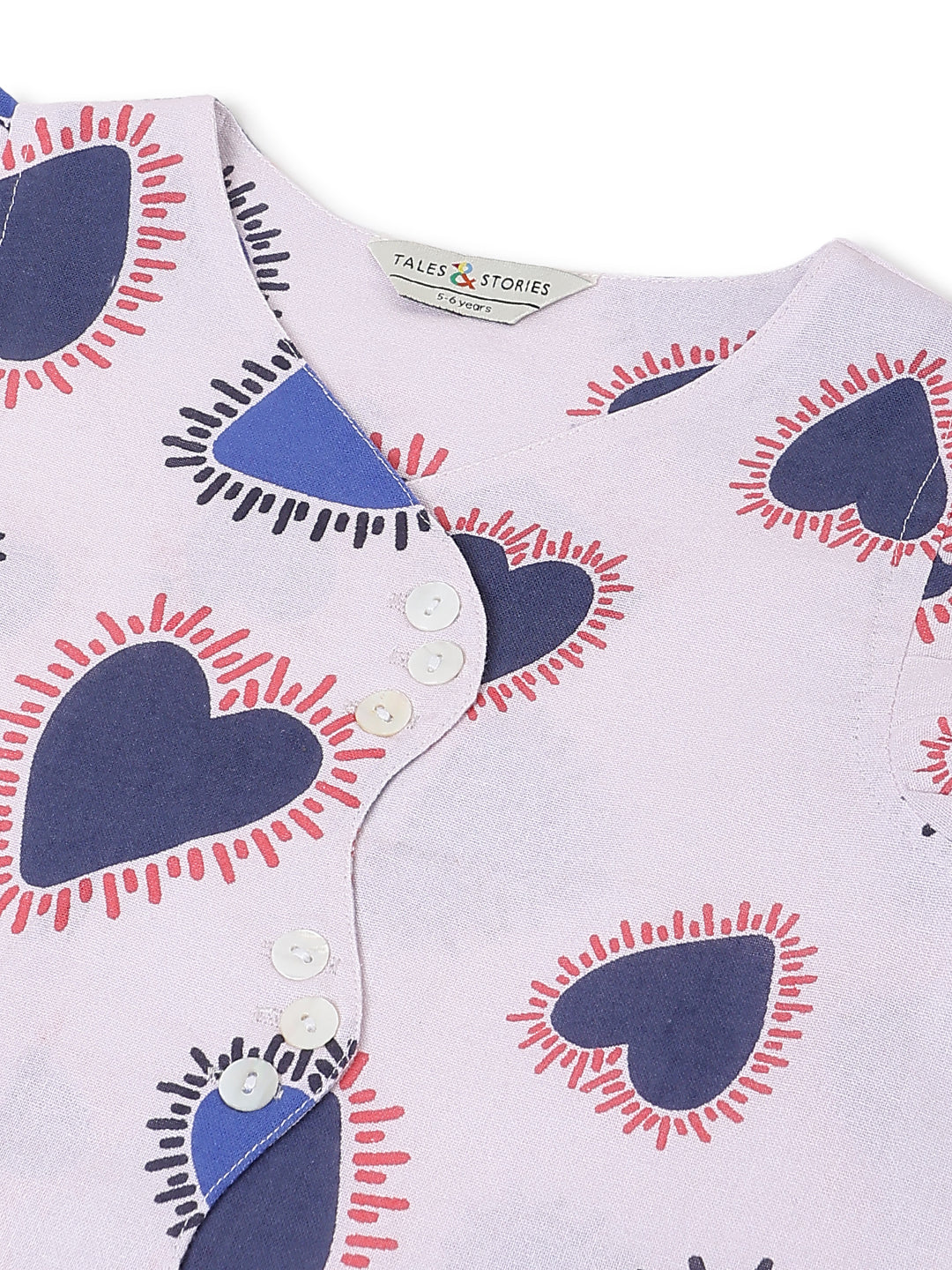 Girls Pink Printed Cotton V Neck Top