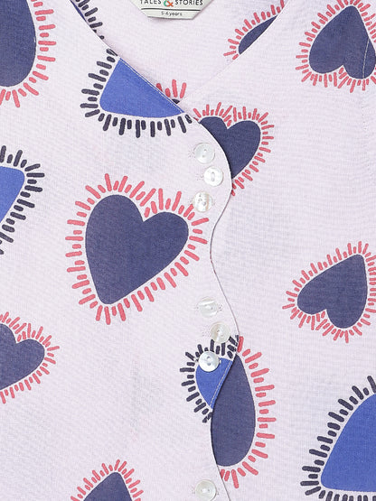 Girls Pink Printed Cotton V Neck Top