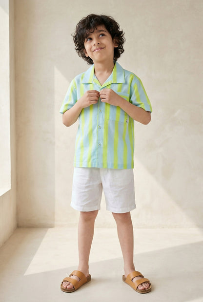 Boys Green Neon Striped Casual Shirt