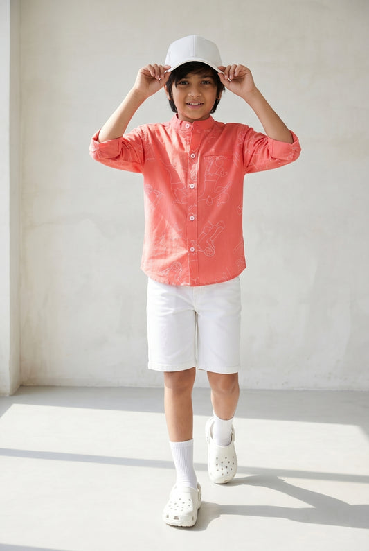 Boys Orange Printed Cotton Twill Shirt