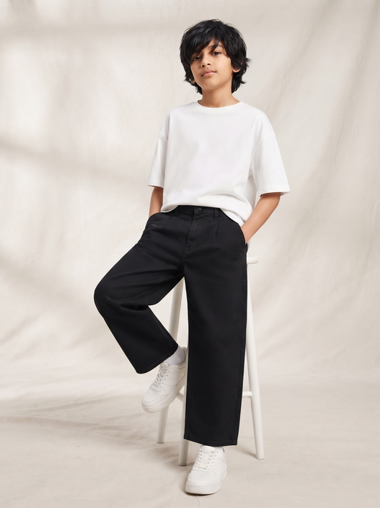 Boys Black Cotton Twill Korean Fit Trouser