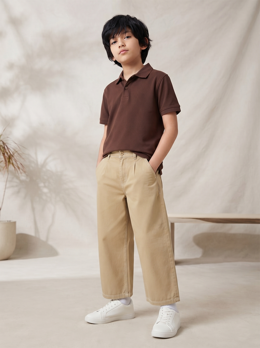 Boys Beige Cotton Twill Korean Fit Trouser