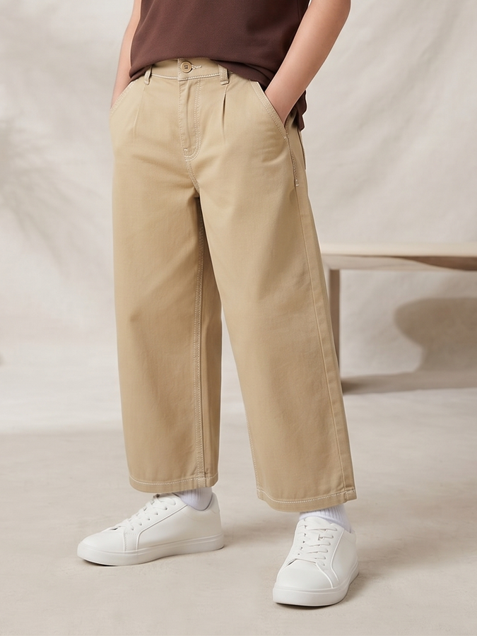 Boys Beige Cotton Twill Korean Fit Trouser