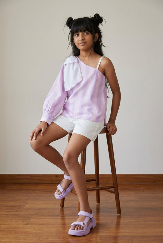 Girls Cotton Purple Striped One Shoulder Top