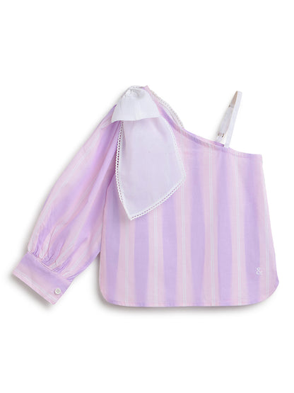 Girls Cotton Purple Striped One Shoulder Top