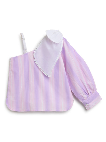 Girls Cotton Purple Striped One Shoulder Top