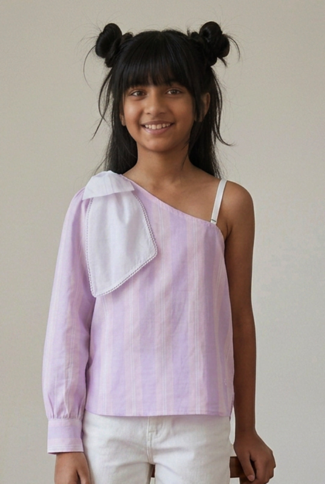 Girls Cotton Purple Striped One Shoulder Top
