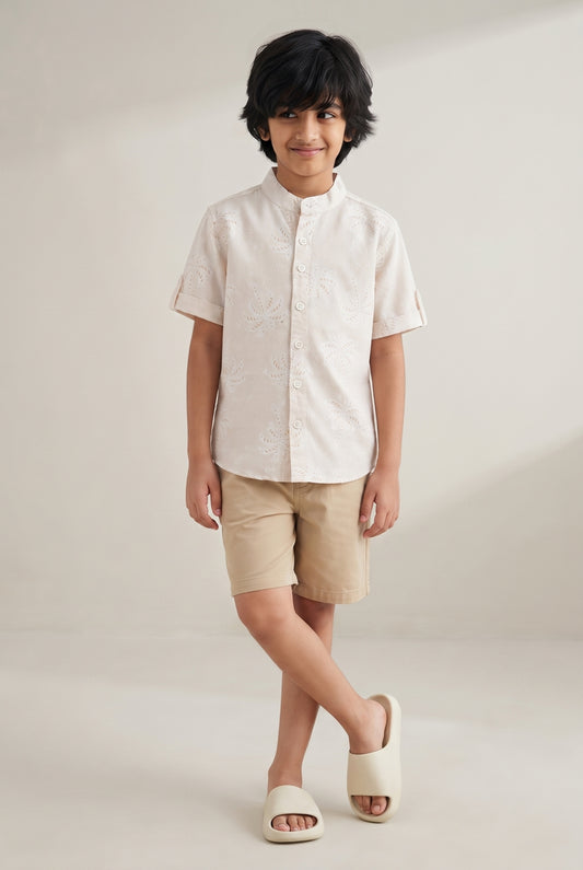 Boys Cotton Cream Printed Casual Shirt