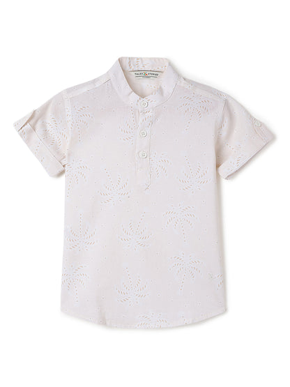 Boys Cotton Cream Shirt With Blue Denim Washed Barrel Fit Jeans