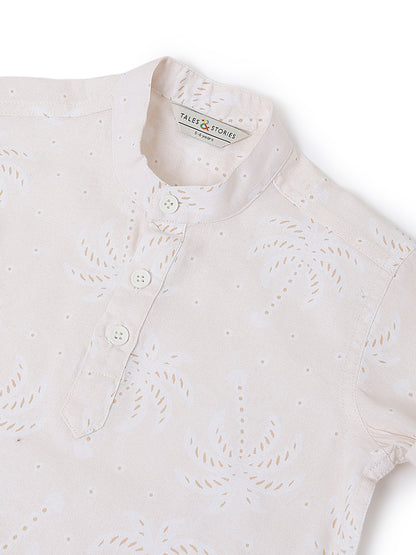 Boys Cotton Cream Shirt With Blue Denim Washed Barrel Fit Jeans