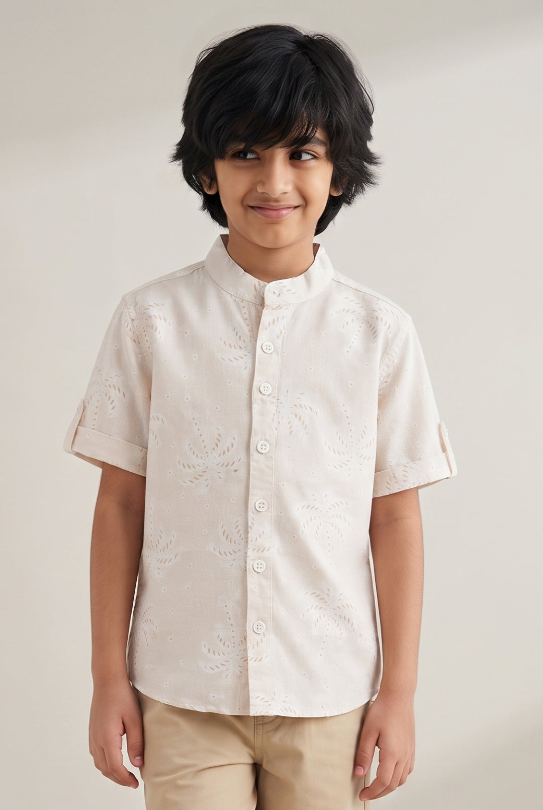 Boys Cotton Cream Printed Casual Shirt