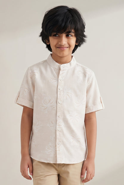 Boys Cotton Cream Printed Casual Shirt