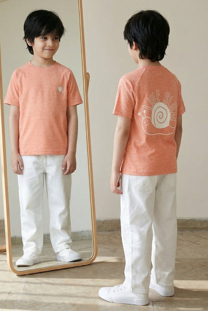 Boys Cotton Peach Printed Casual T-Shirt