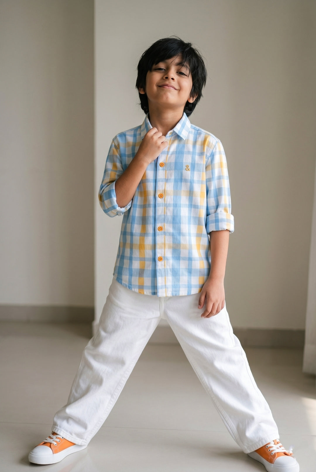 Boys Sky Blue Cotton Checked Casual Shirt