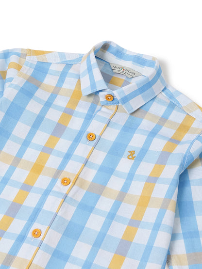Boys Sky Blue Cotton Checked Casual Shirt