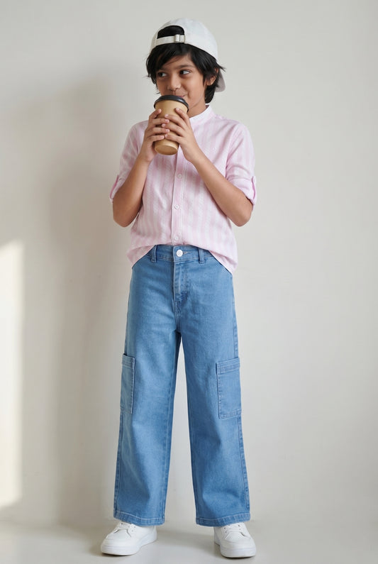 Boys Pink Printed Shirt With Blue Denim Jeans Clothing Set
