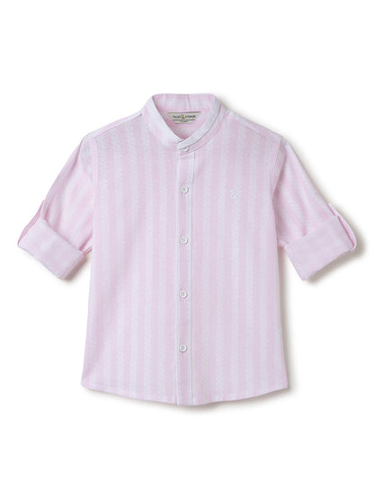 Boys Cotton Purple Stripes Shirt With Brown Cotton Solid Relaxed Fit Trouser