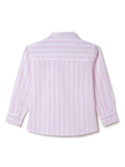 Boys Cotton Purple Stripes Shirt With Brown Cotton Solid Relaxed Fit Trouser
