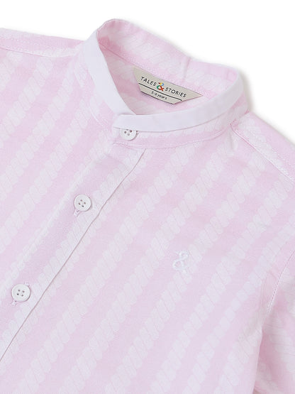 Boys Cotton Purple Stripes Shirt With Brown Cotton Solid Relaxed Fit Trouser